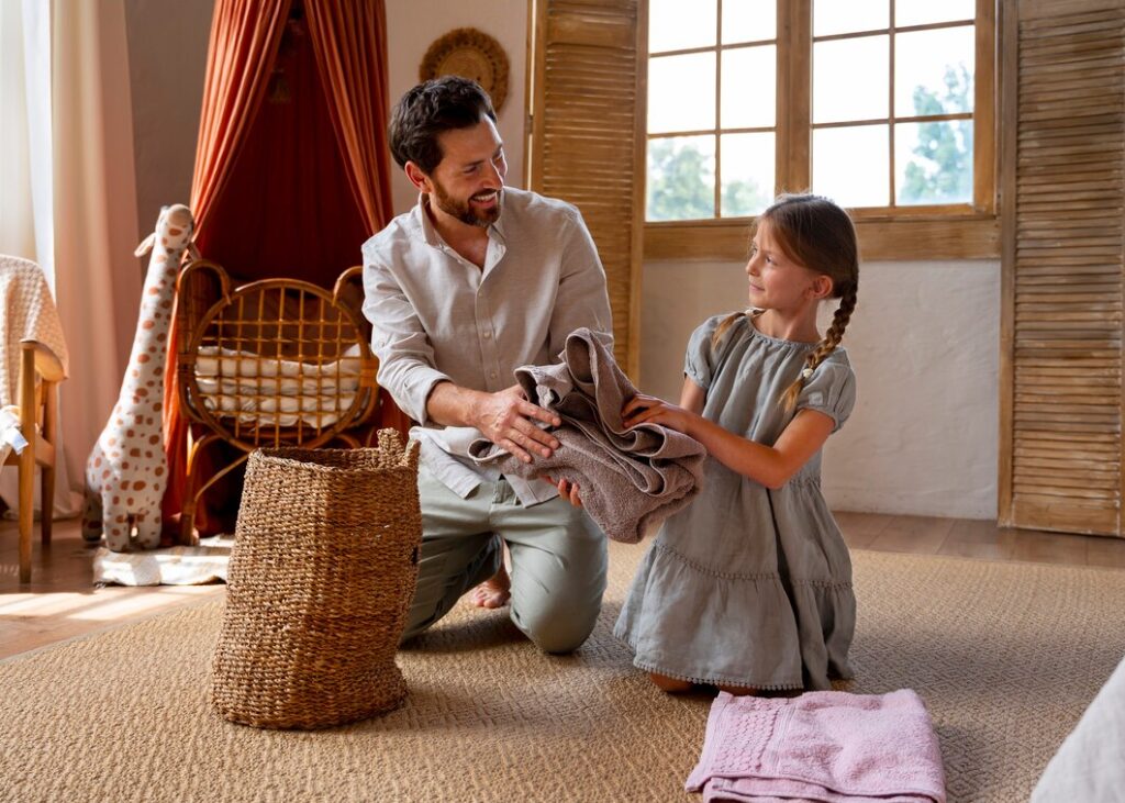 A child hands a stack of folded towels to an adult